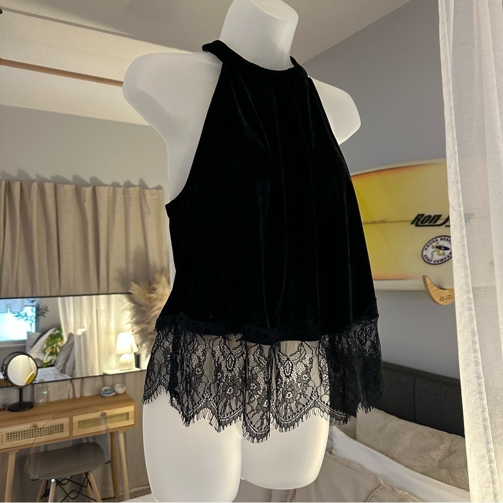 Black Velvet and High Neck Sleeveless Unconventional Lace Whimsigoth top, S